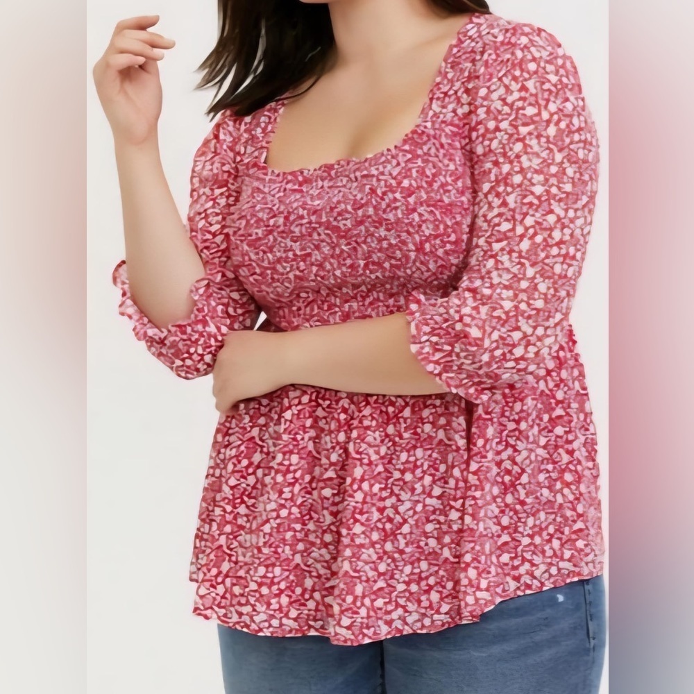 Torrid Red Pink‎ Smocked Ruffled Blouse